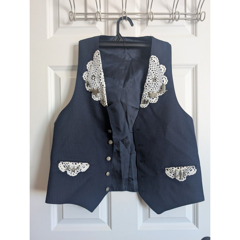 Blue Lace And Satin Embroidered Vest Charms Western Costume Cow Boy Girl Crochet